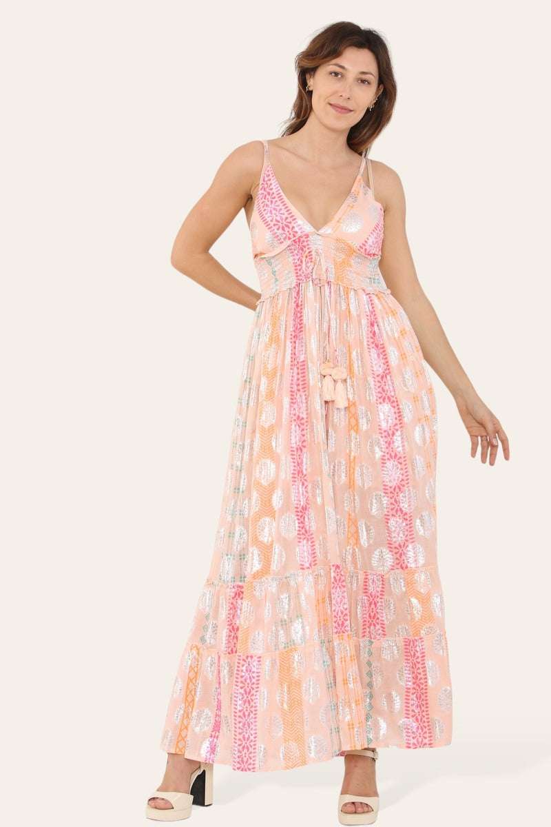 Elegant Long Strappy Dress with Silver Circular Print