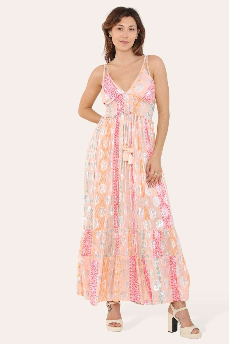 Elegant Long Strappy Dress with Silver Circular Print