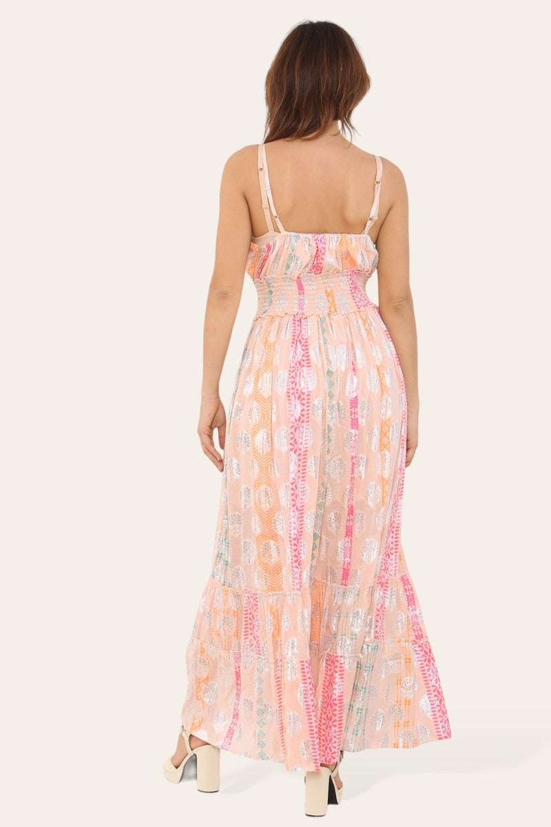 Elegant Long Strappy Dress with Silver Circular Print