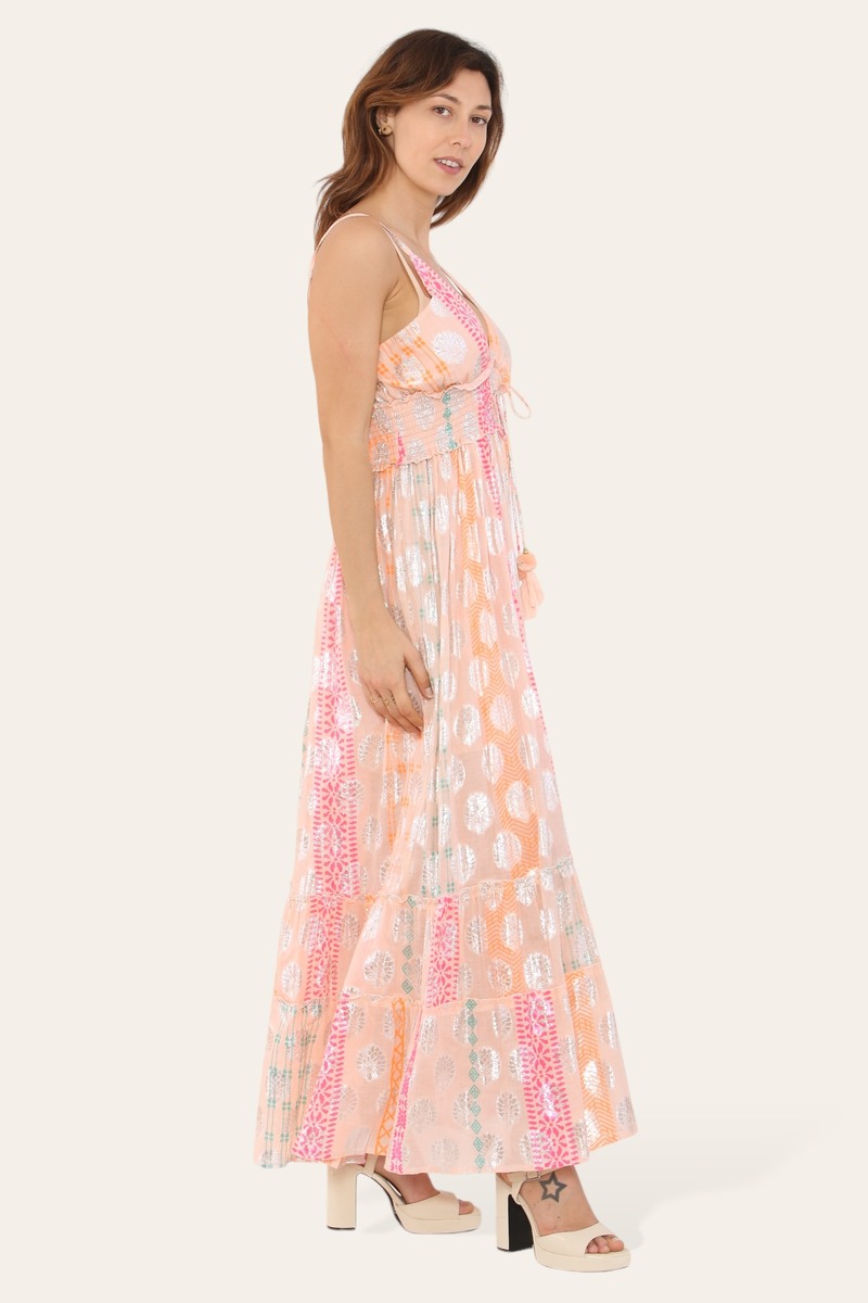 Elegant Long Strappy Dress with Silver Circular Print