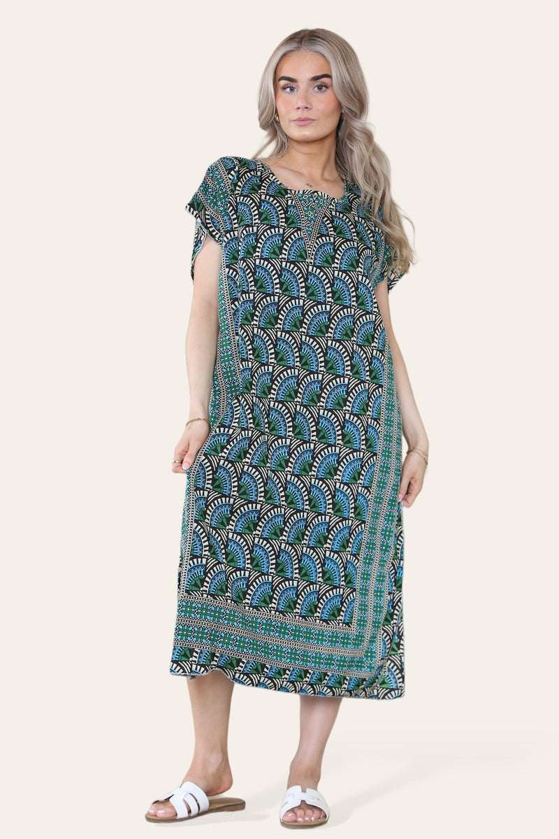 Geometric Midi Dress Mosaic V-neck Eastern Border
