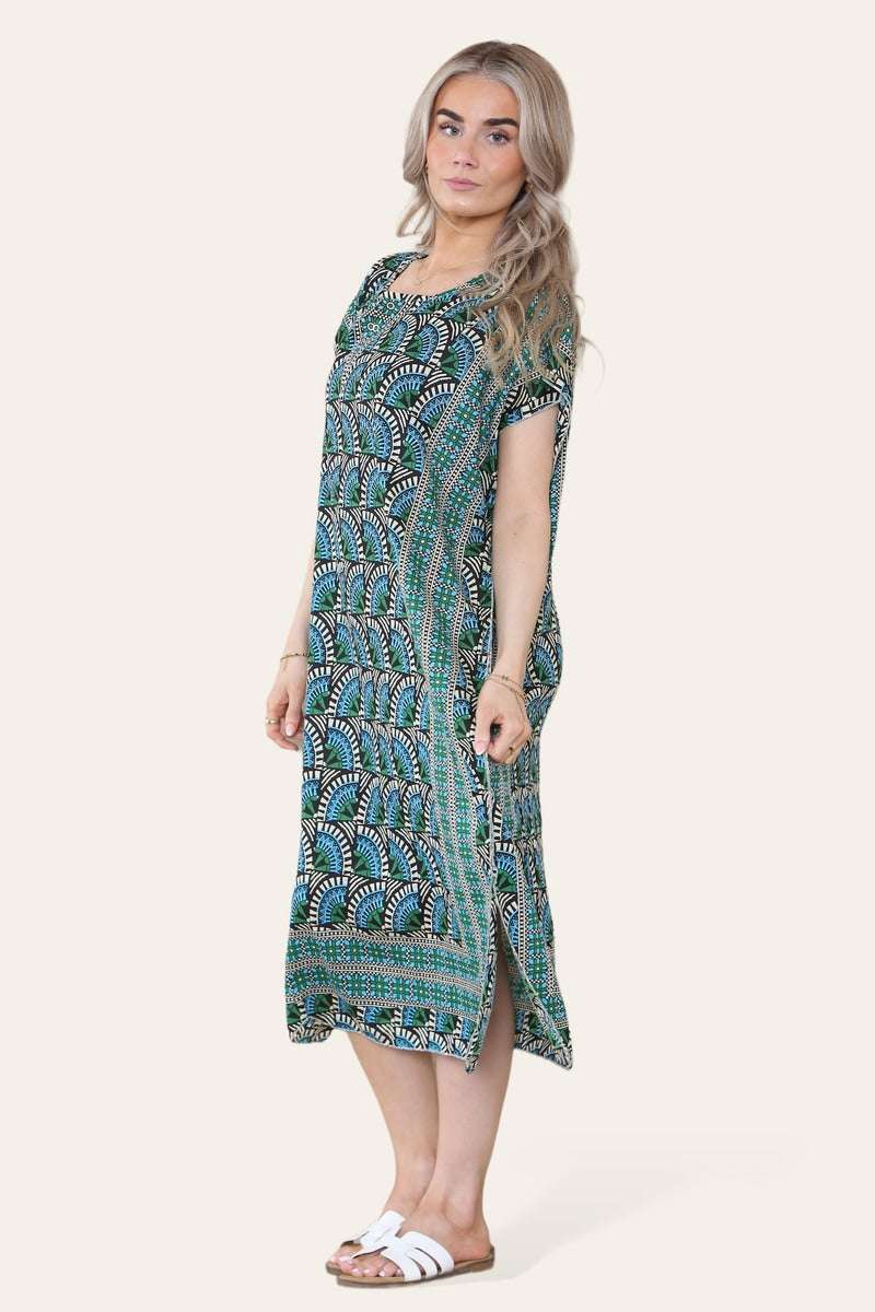 Geometric Midi Dress Mosaic V-neck Eastern Border