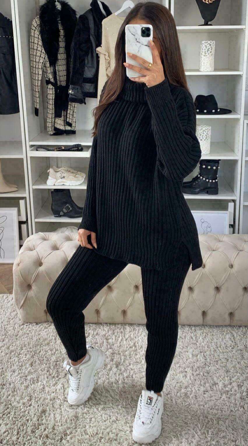 Ladies Chunky Knitted Ribbed Polo High Neck Top & Leggings Loungewear Set