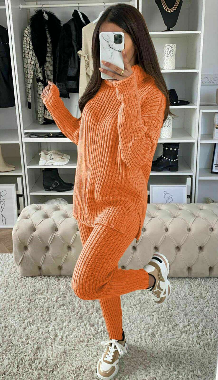 Ladies Chunky Knitted Ribbed Polo High Neck Top & Leggings Loungewear Set