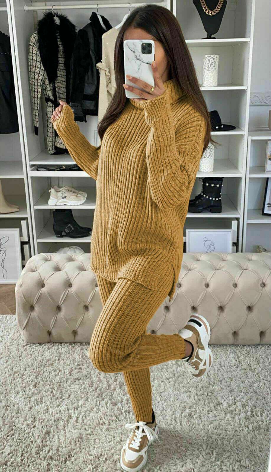 Ladies Chunky Knitted Ribbed Polo High Neck Top & Leggings Loungewear Set