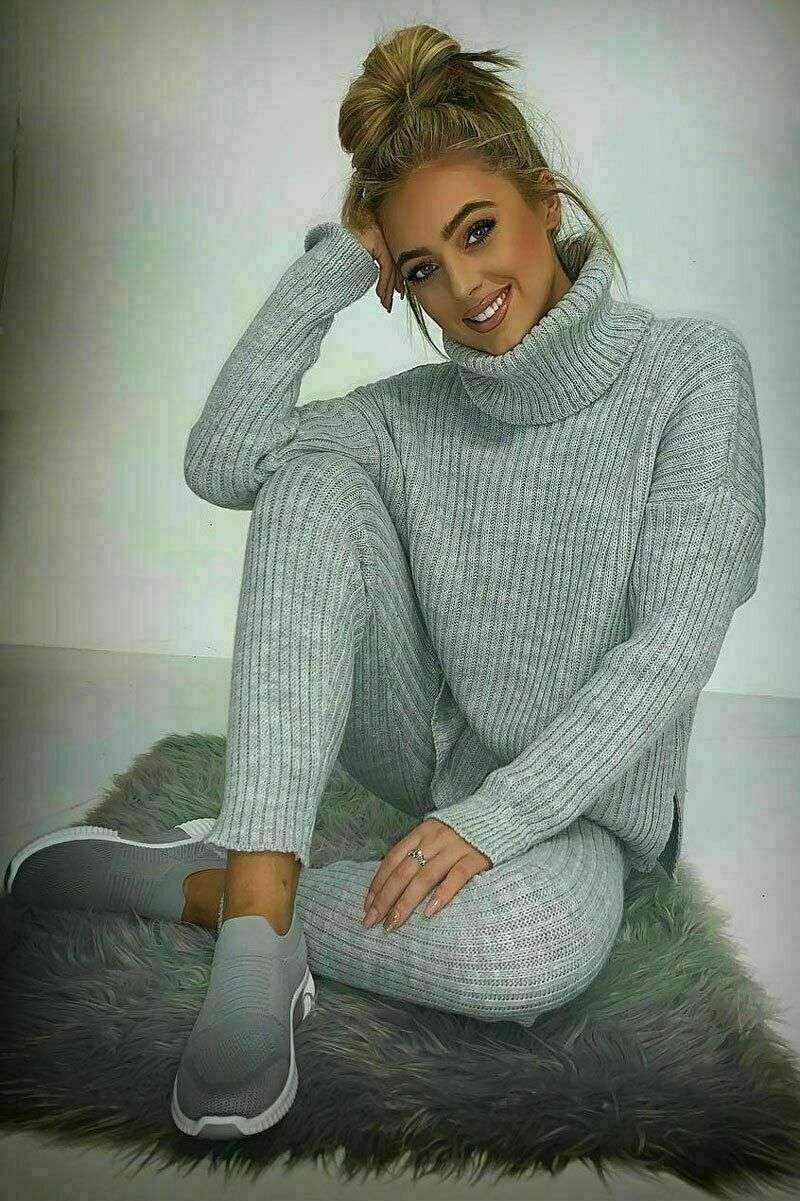 Ladies Chunky Knitted Ribbed Polo High Neck Top & Leggings Loungewear Set