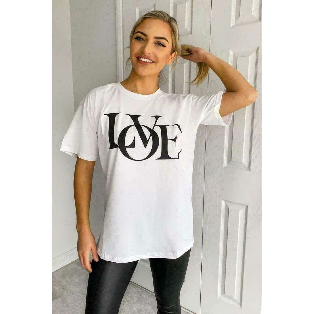 Ladies Oversized Love Print Slogan Short Sleeve T-Shirt Top