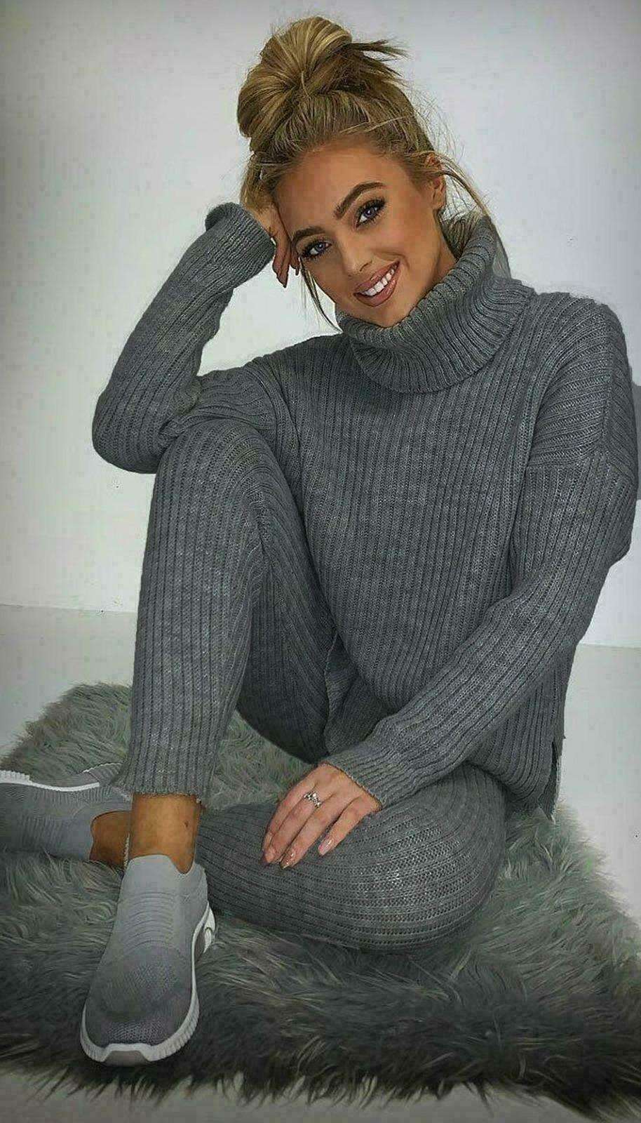 Ladies Chunky Knitted Ribbed Polo High Neck Top & Leggings Loungewear Set