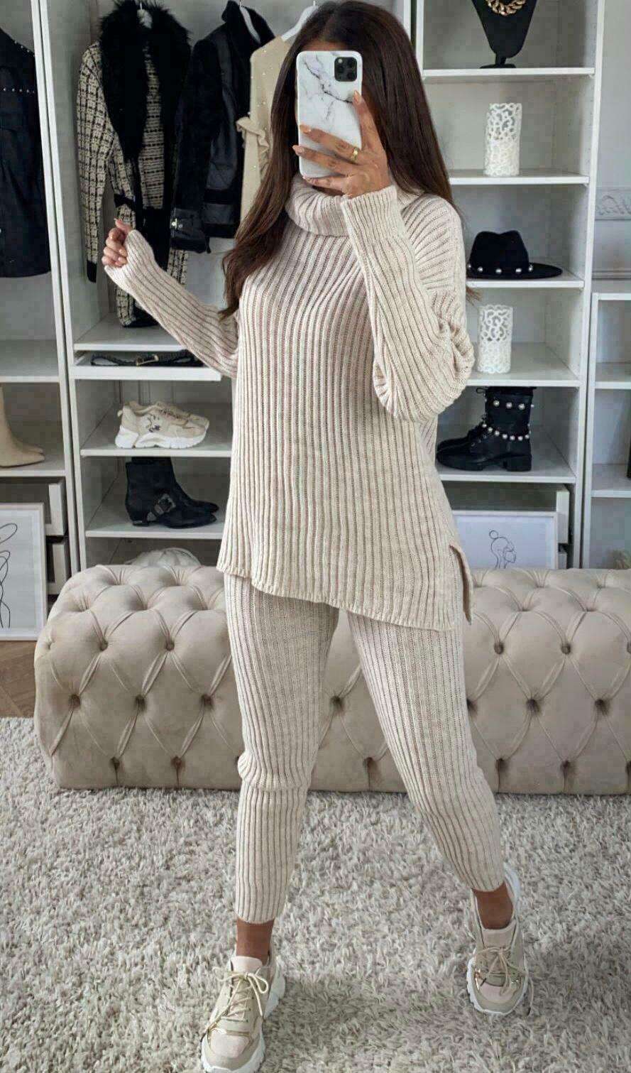 Ladies Chunky Knitted Ribbed Polo High Neck Top & Leggings Loungewear Set