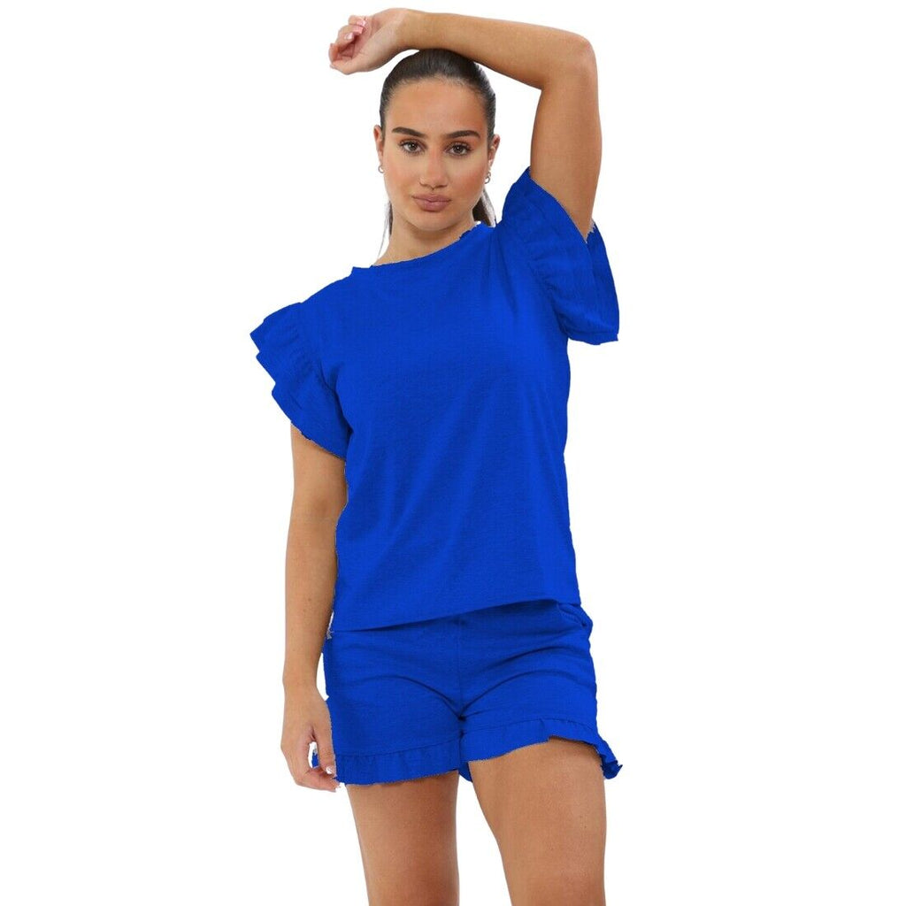 Ladies Frill Peplum Sleeve Top & Short 2-Piece Tracksuit Set