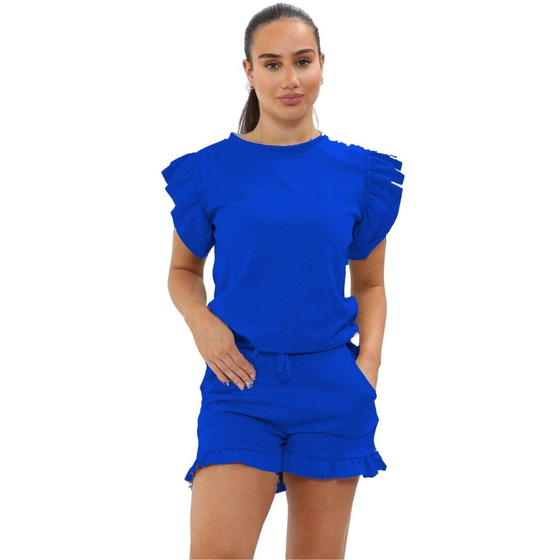 Ladies Frill Peplum Sleeve Top & Short 2-Piece Tracksuit Set