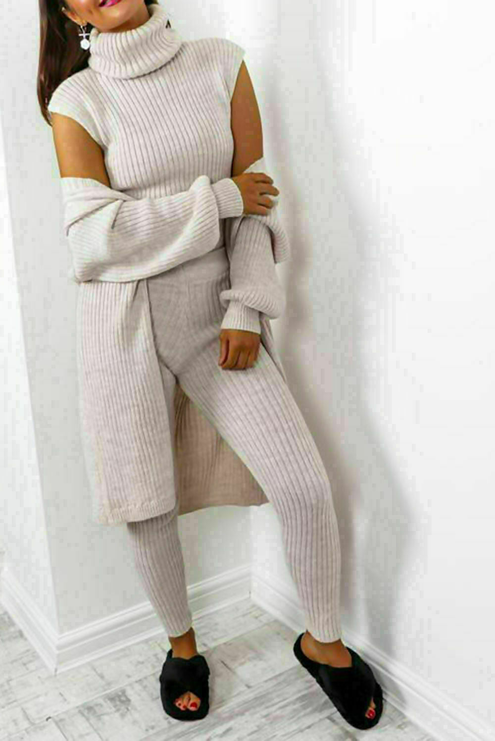 Ladies 3 Piece Roll Neck Chunky Knit Tracksuit Set - Ribbed Loungewear