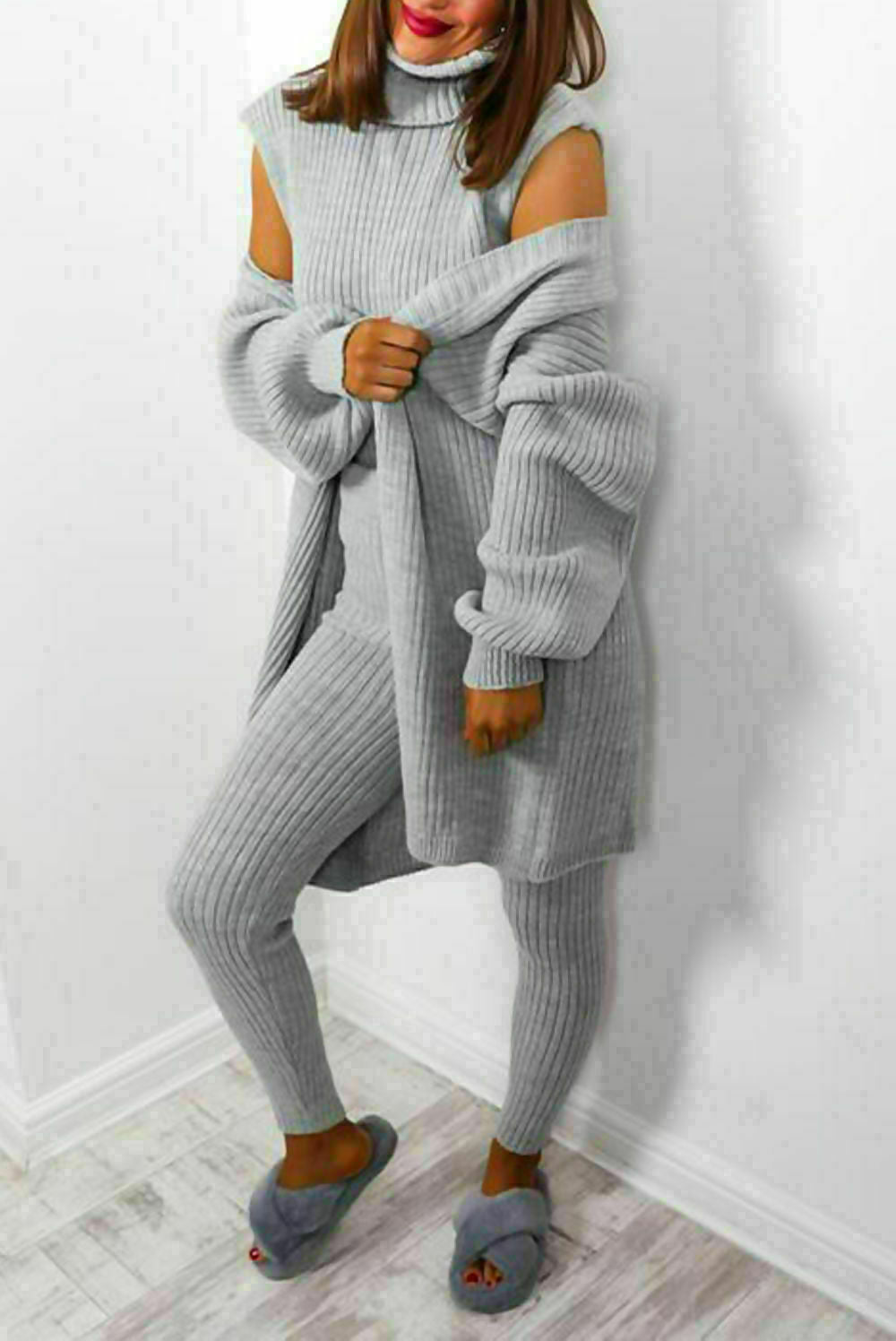 Ladies 3 Piece Roll Neck Chunky Knit Tracksuit Set - Ribbed Loungewear