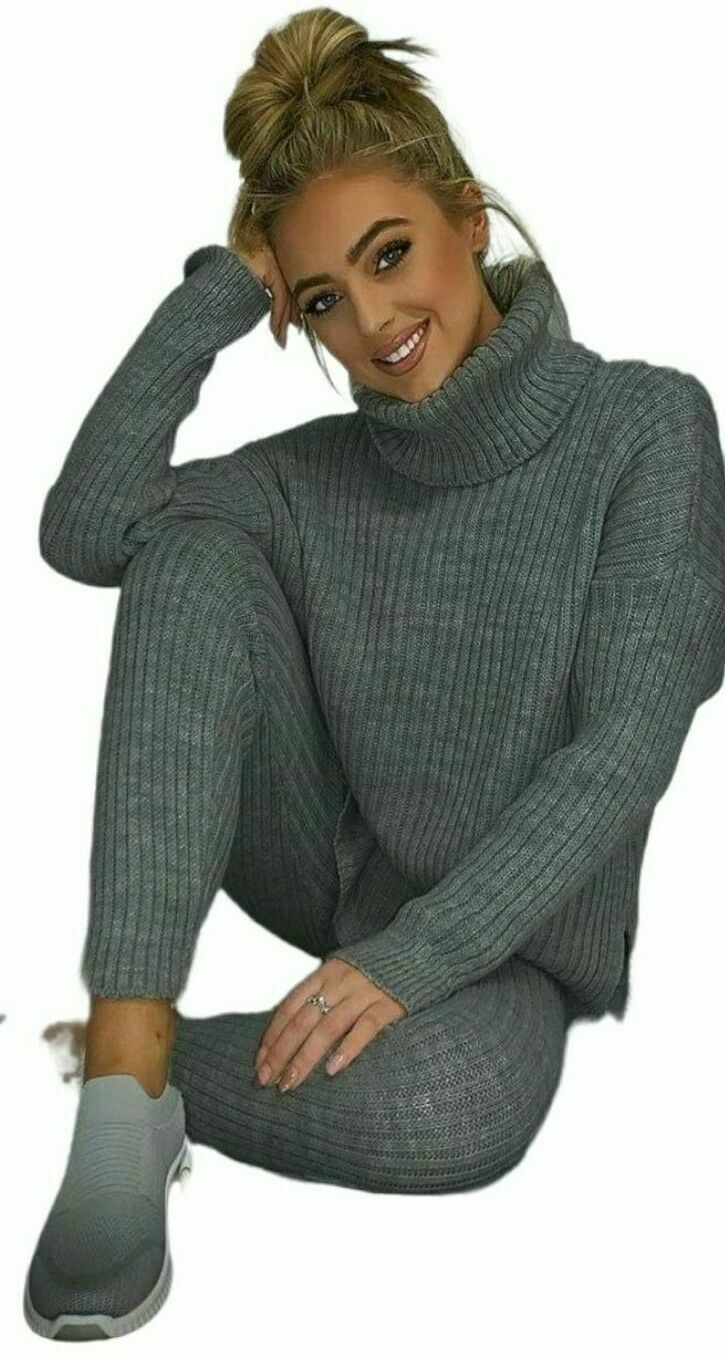 Ladies Chunky Knit Polo Neck Top & Ribbed Leggings Set - Loungewear Two Piece