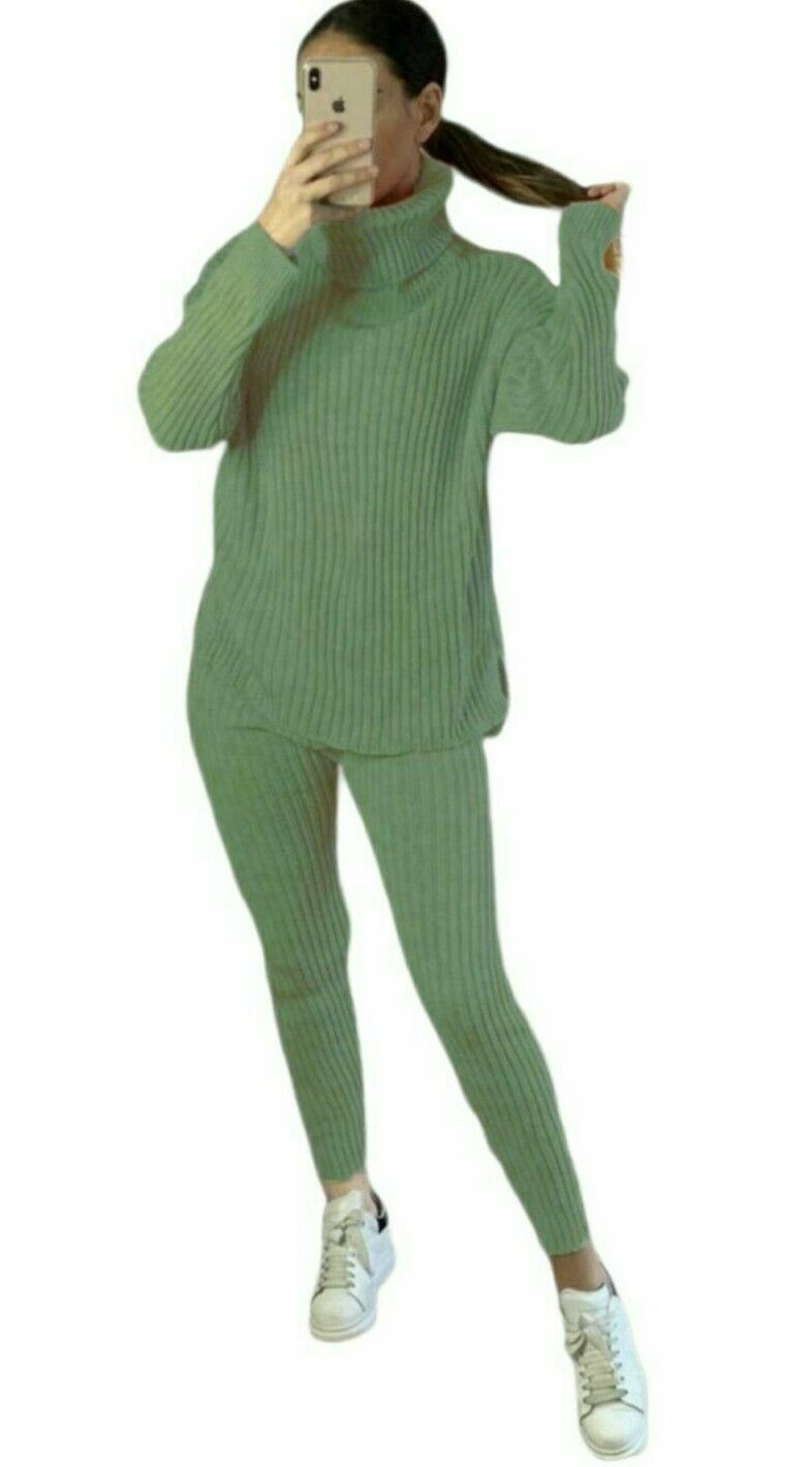 Ladies Chunky Knit Polo Neck Top & Ribbed Leggings Set - Loungewear Two Piece