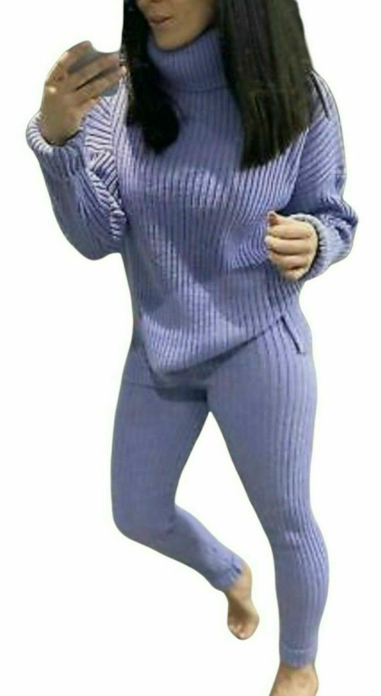 Ladies Chunky Knit Polo Neck Top & Ribbed Leggings Set - Loungewear Two Piece