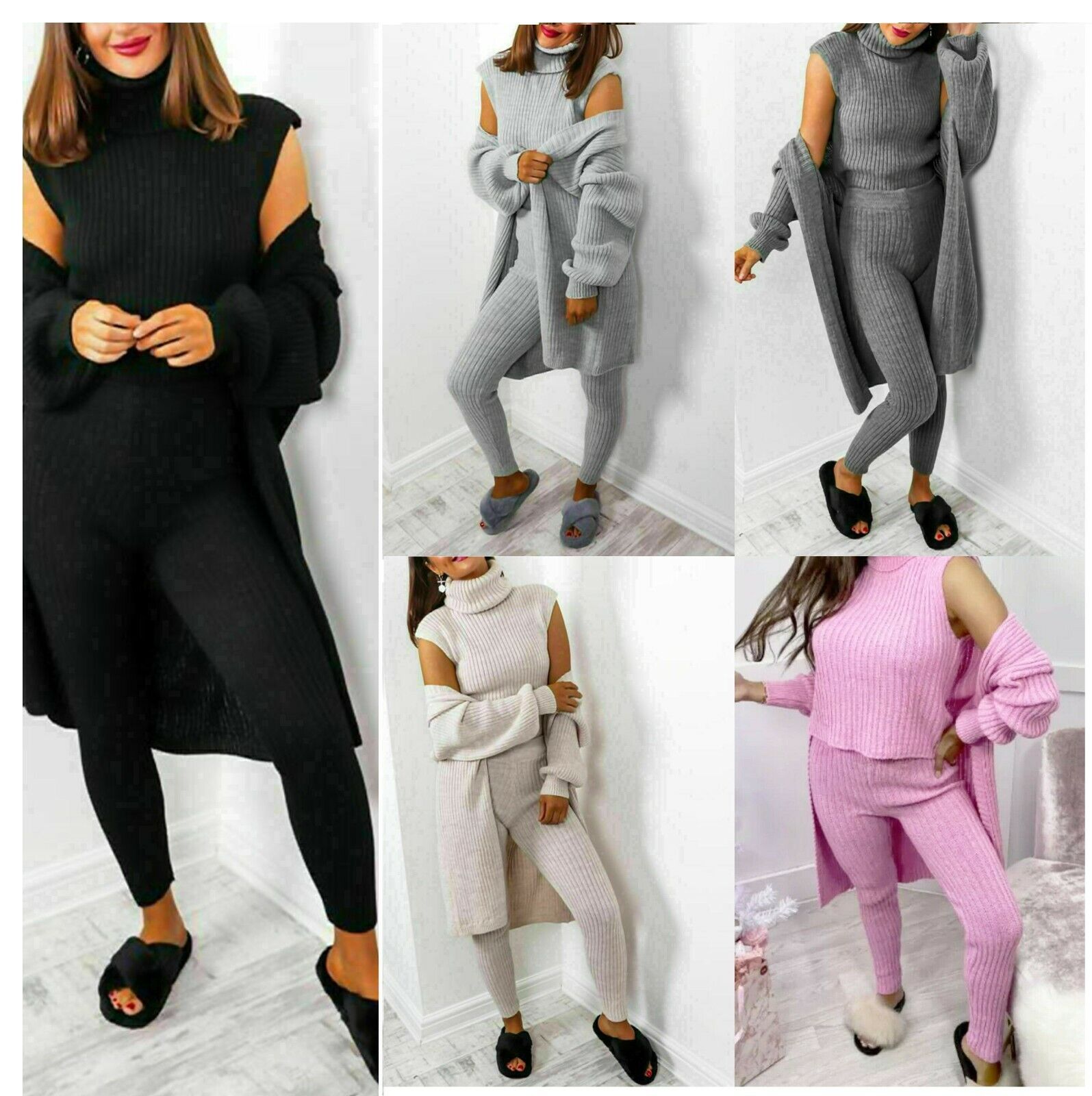 Ladies 3 Piece Roll Neck Chunky Knit Tracksuit Set - Ribbed Loungewear