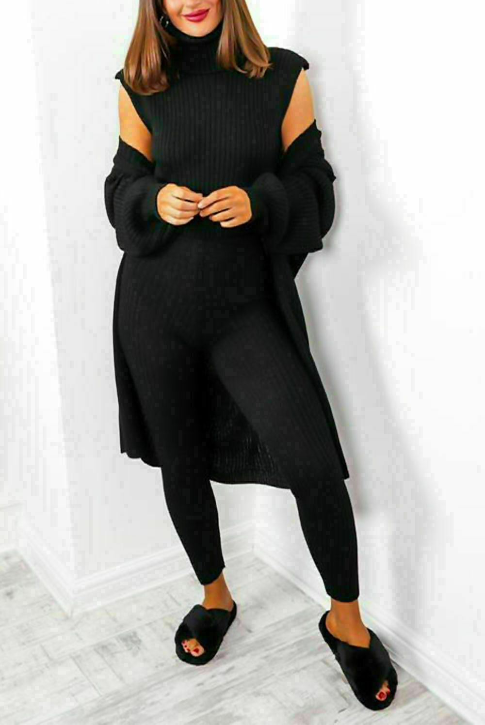 Ladies 3 Piece Roll Neck Chunky Knit Tracksuit Set - Ribbed Loungewear