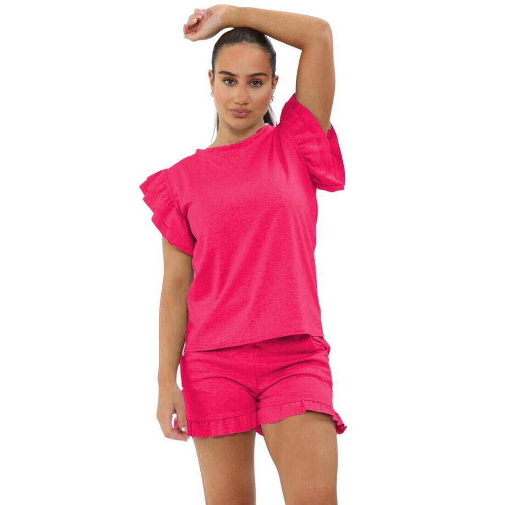Ladies Frill Peplum Sleeve Top & Short 2-Piece Tracksuit Set