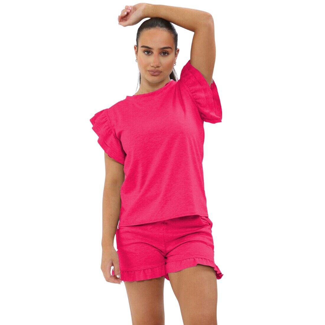 Ladies Frill Peplum Sleeve Top & Short 2-Piece Tracksuit Set