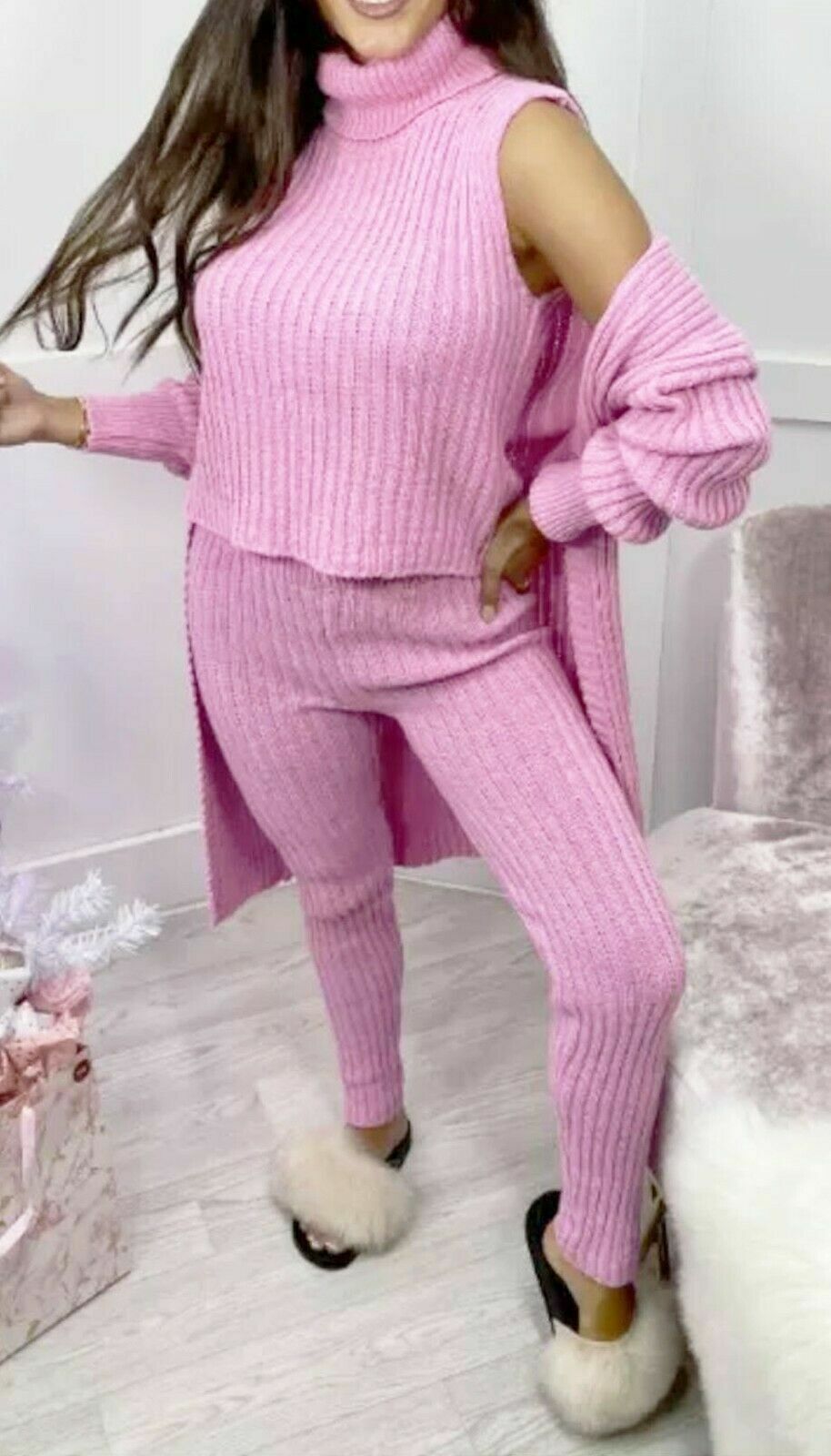 Ladies 3 Piece Roll Neck Chunky Knit Tracksuit Set - Ribbed Loungewear