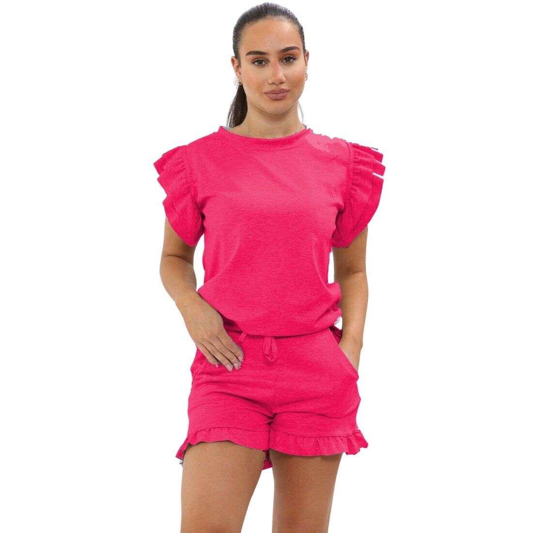 Ladies Frill Peplum Sleeve Top & Short 2-Piece Tracksuit Set