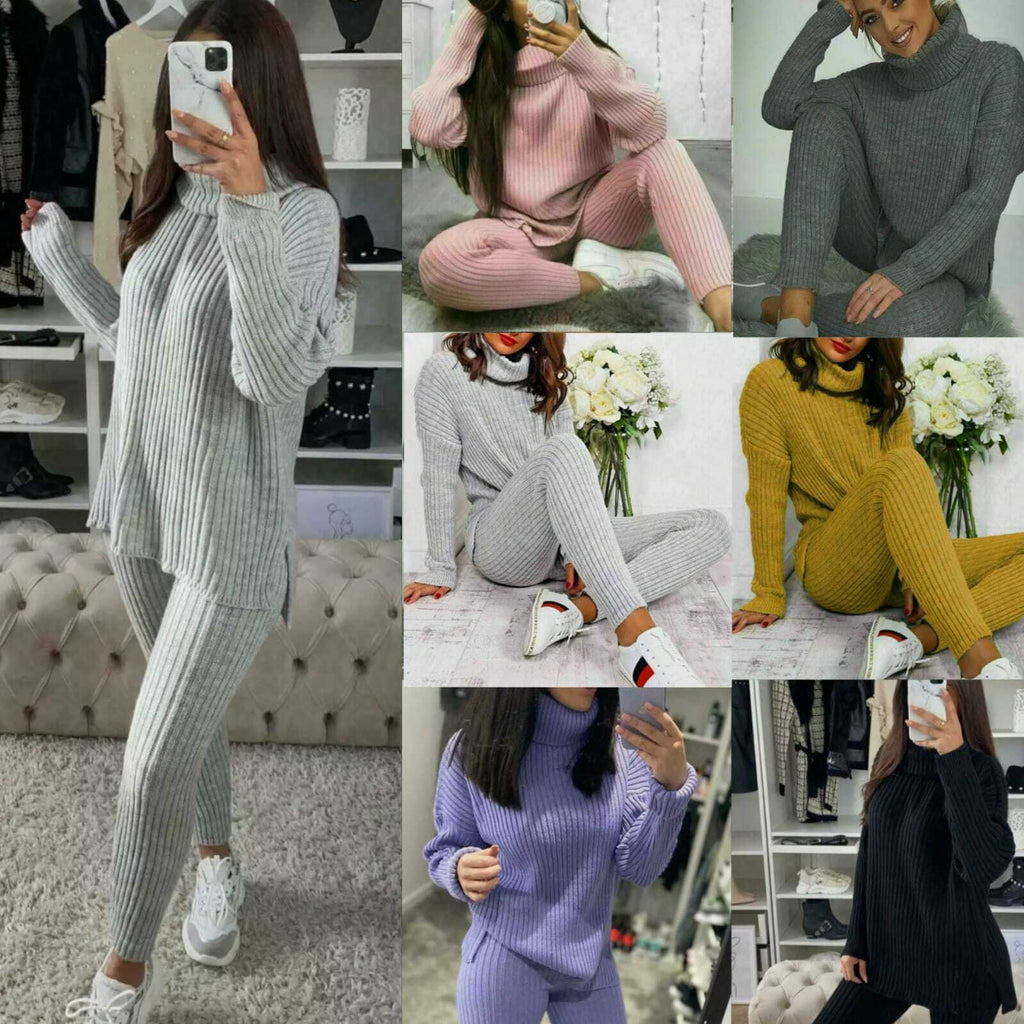 Ladies Chunky Knitted Ribbed Polo High Neck Top & Leggings Loungewear Set