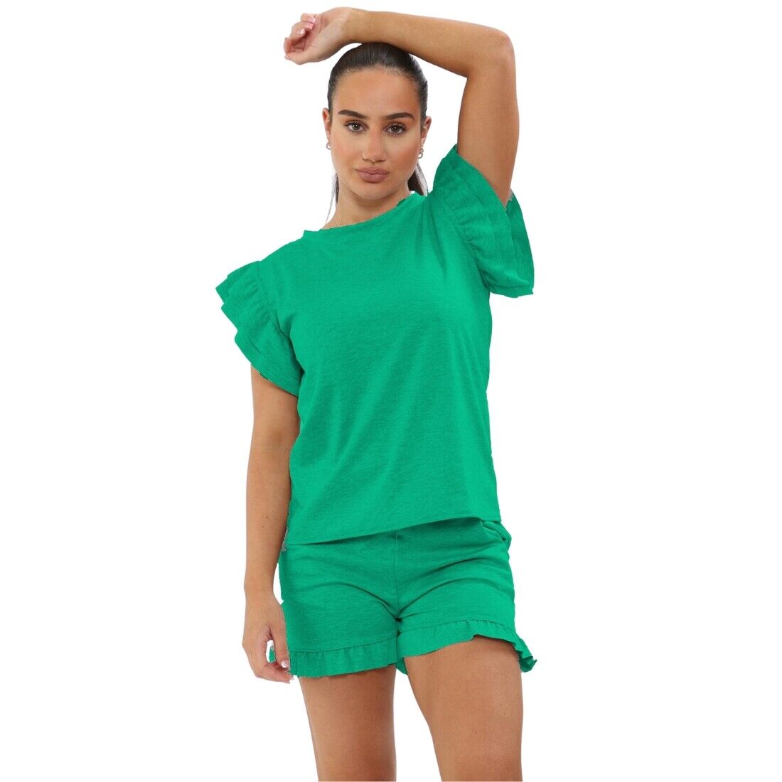 Ladies Frill Peplum Sleeve Top & Short 2-Piece Tracksuit Set