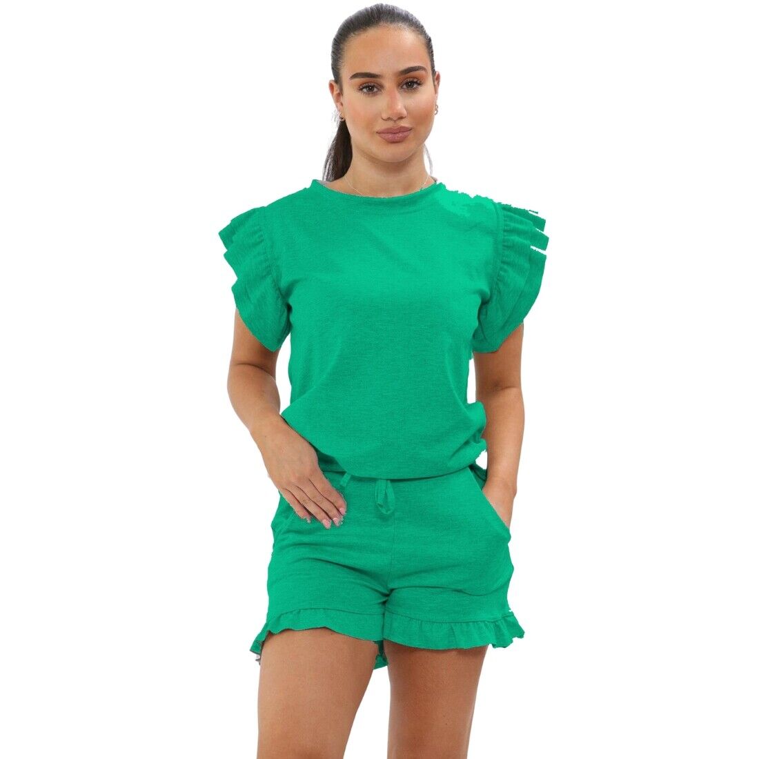 Ladies Frill Peplum Sleeve Top & Short 2-Piece Tracksuit Set
