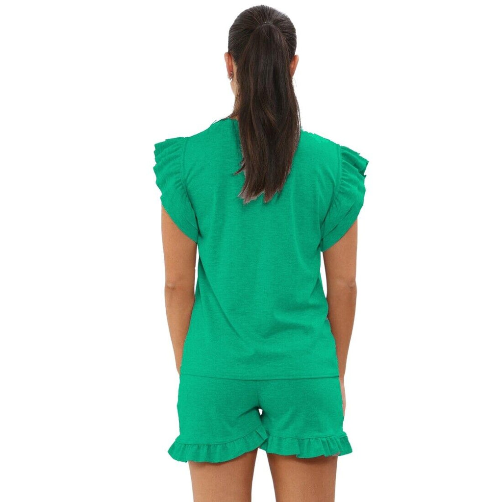 Ladies Frill Peplum Sleeve Top & Short 2-Piece Tracksuit Set