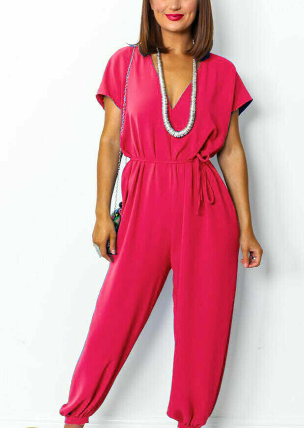 Ladies V Neck Tie Up Jumpsuit - Flattering Lightweight Design