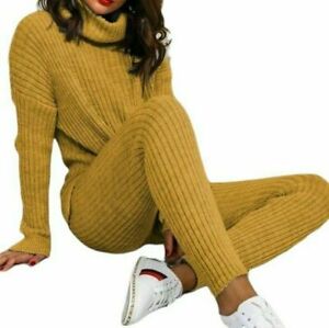 Ladies Chunky Knit Polo Neck Top & Ribbed Leggings Set - Loungewear Two Piece