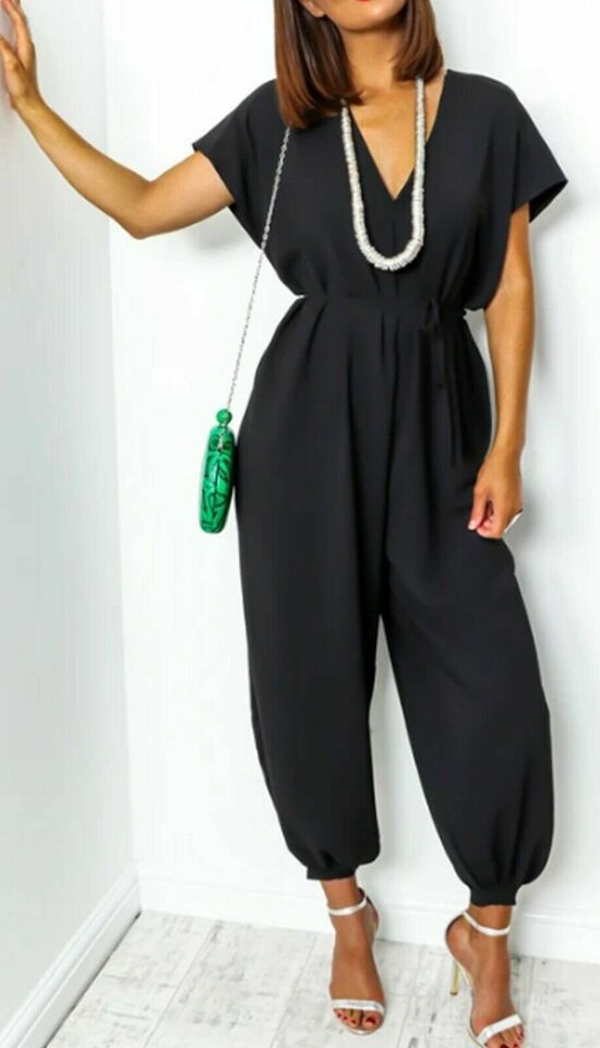 Ladies V Neck Tie Up Jumpsuit - Flattering Lightweight Design
