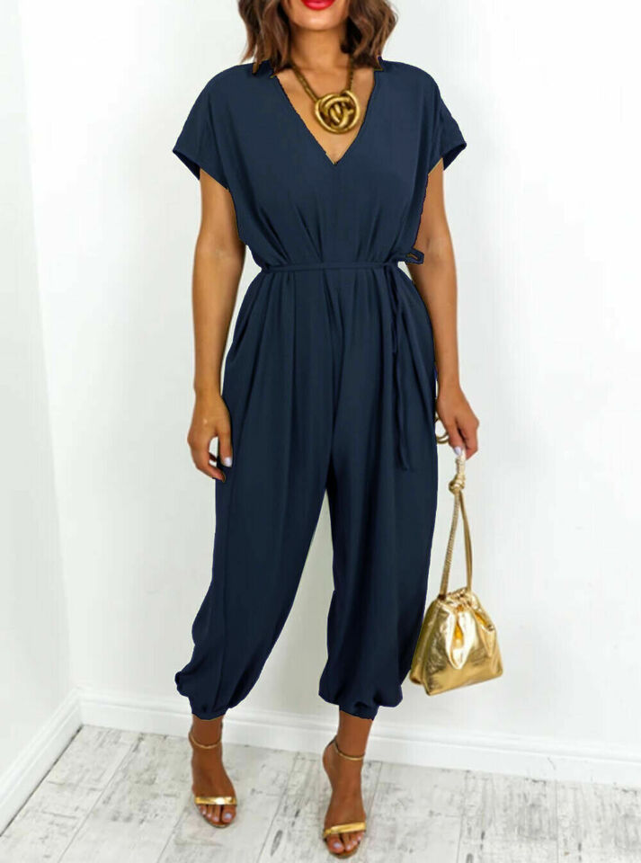 Ladies V Neck Tie Up Jumpsuit - Flattering Lightweight Design