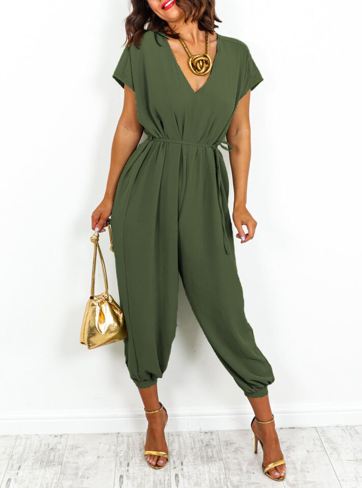 Ladies V Neck Tie Up Jumpsuit - Flattering Lightweight Design