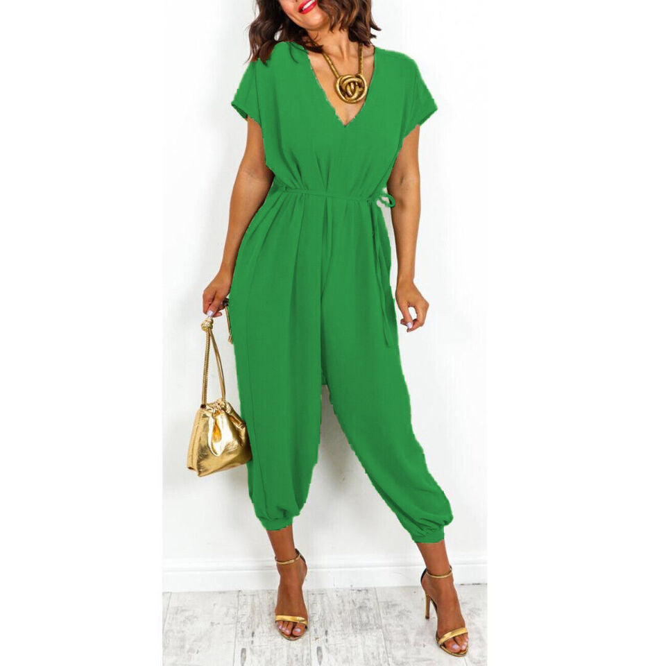 Ladies V Neck Tie Up Jumpsuit - Flattering Lightweight Design