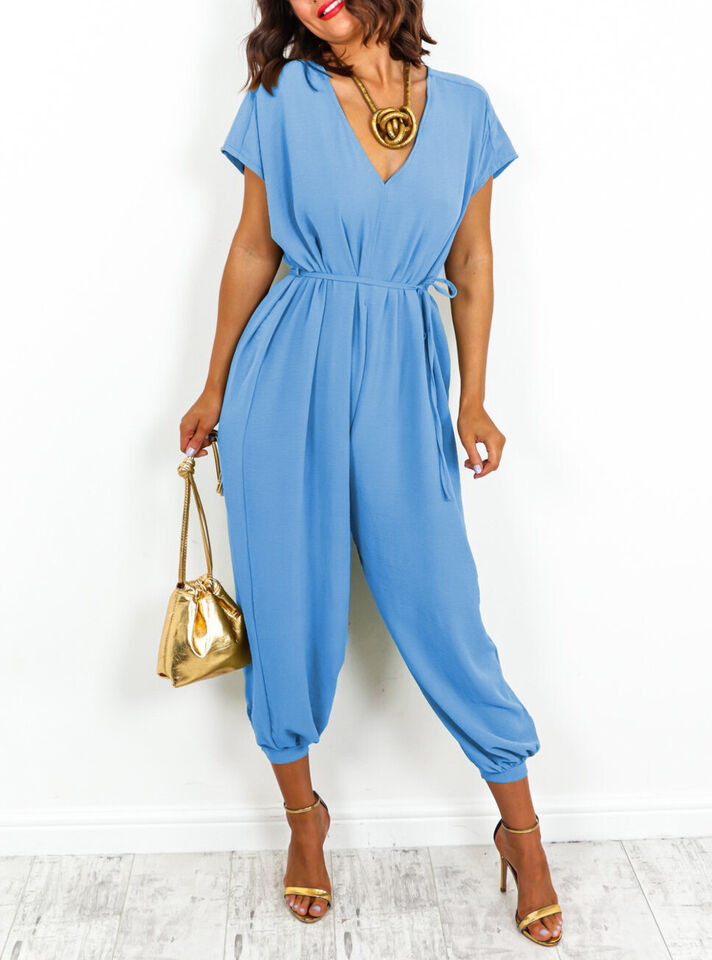 Ladies V Neck Tie Up Jumpsuit - Flattering Lightweight Design
