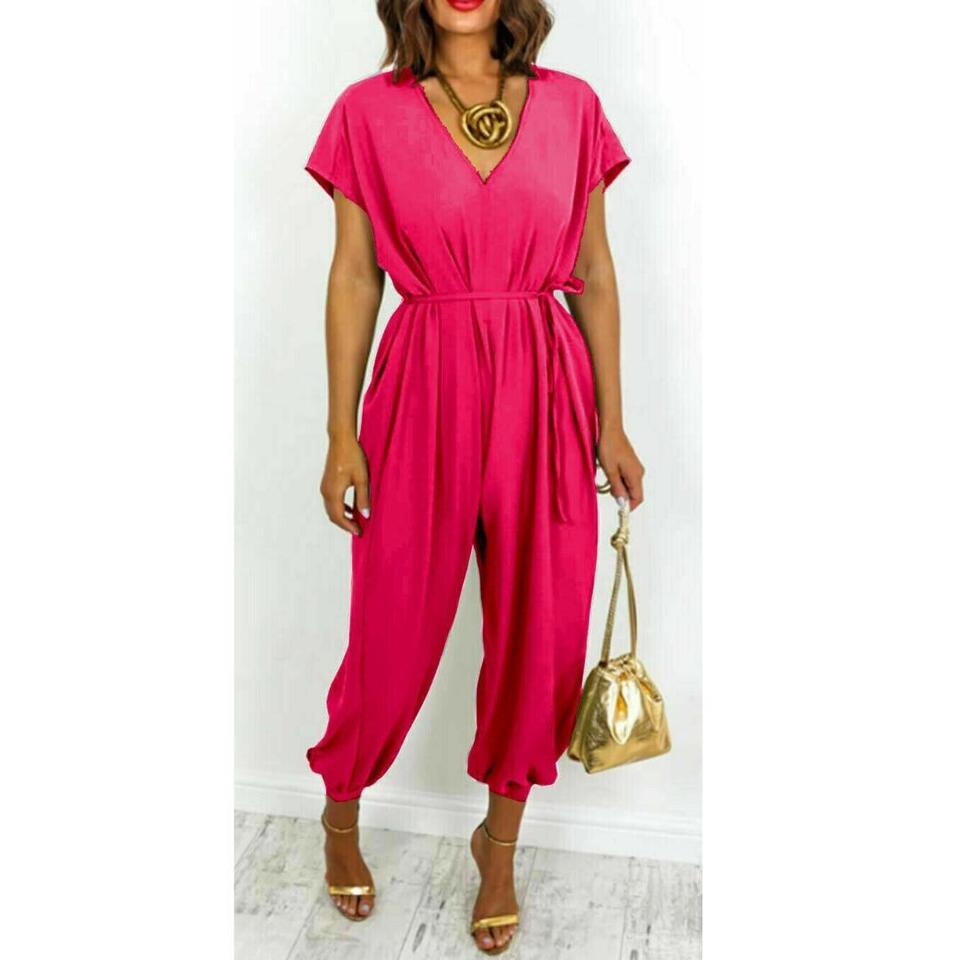 Ladies V Neck Tie Up Jumpsuit - Flattering Lightweight Design