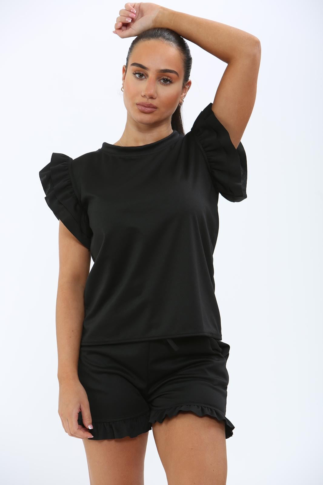 Ladies Frill Peplum Sleeve Top & Short 2-Piece Tracksuit Set