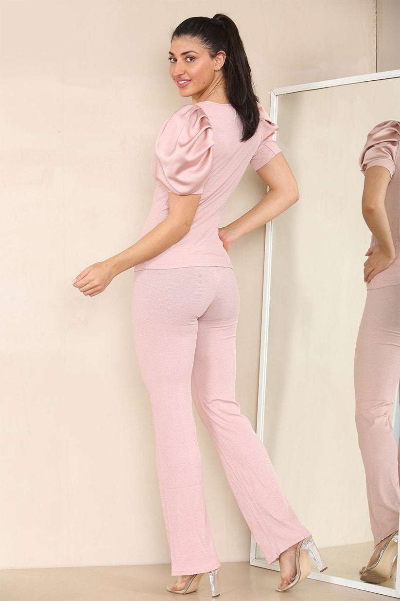 Ladies Silky Satin Puff Sleeves Loungewear Set - Ribbed Two Piece