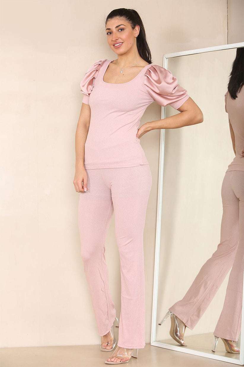Ladies Silky Satin Puff Sleeves Loungewear Set - Ribbed Two Piece