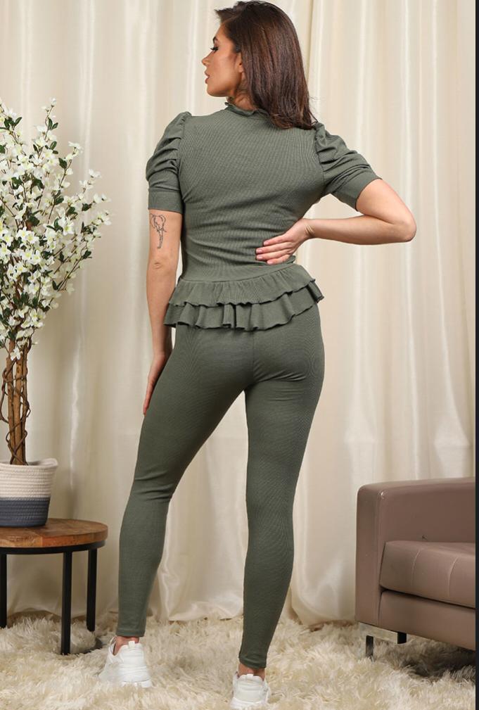 Ladies Short Sleeve Peplum Top & Ribbed Leggings Set - Gold Button Frill Hem