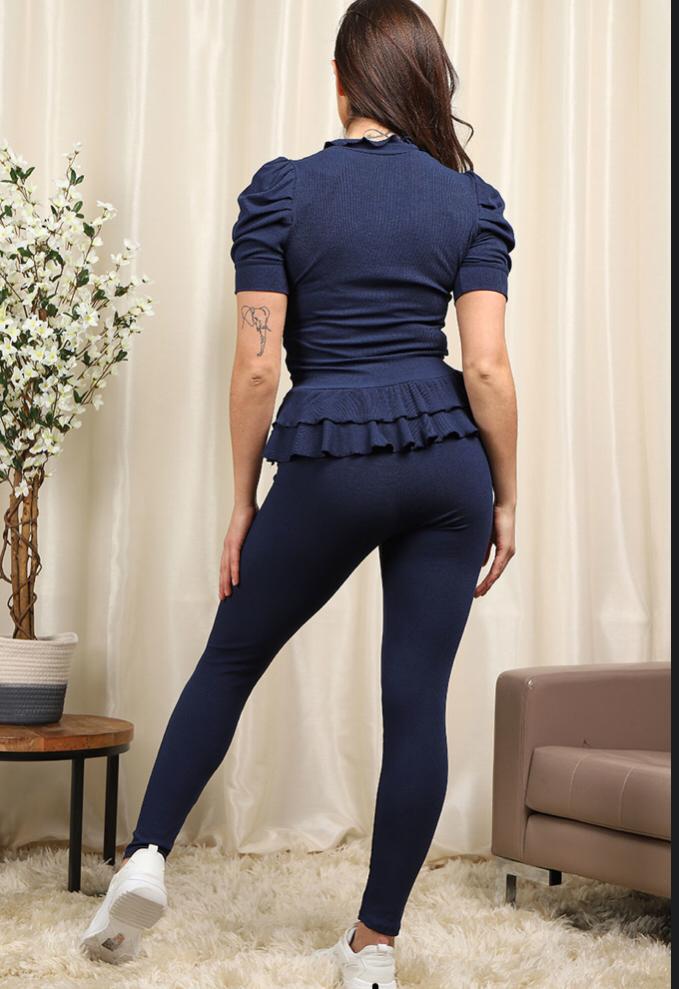 Ladies Short Sleeve Peplum Top & Ribbed Leggings Set - Gold Button Frill Hem