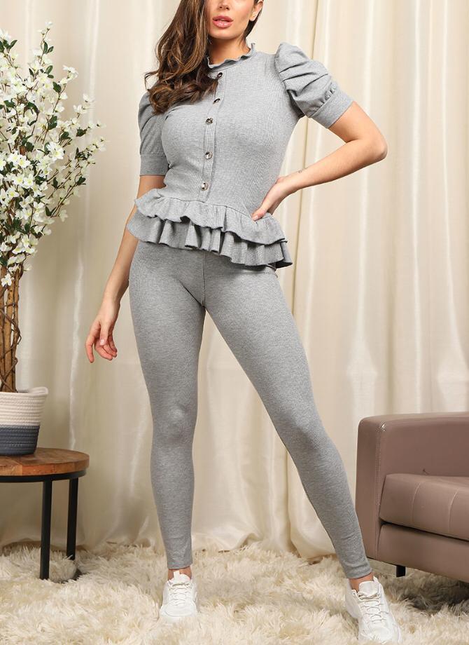 Ladies Short Sleeve Peplum Top & Ribbed Leggings Set - Gold Button Frill Hem