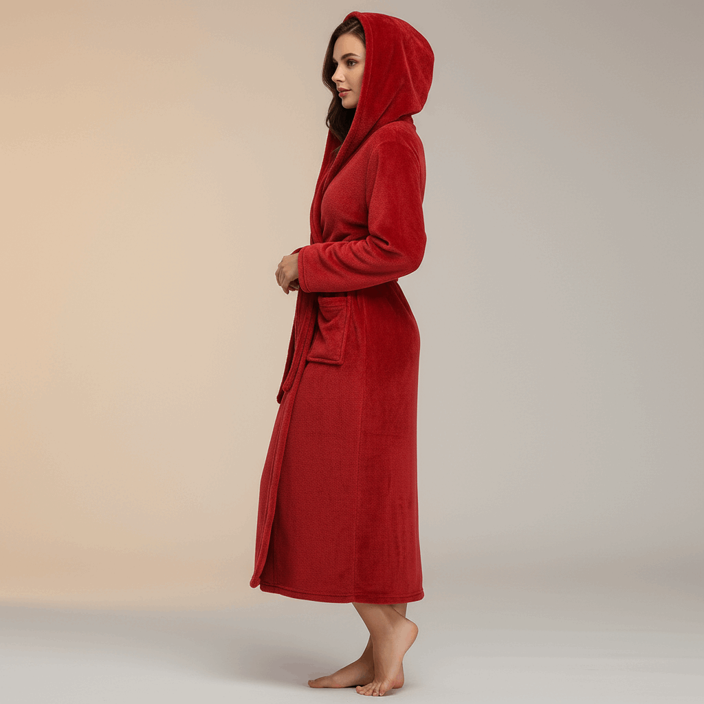 Side view of hooded fleece bathrobe in studio