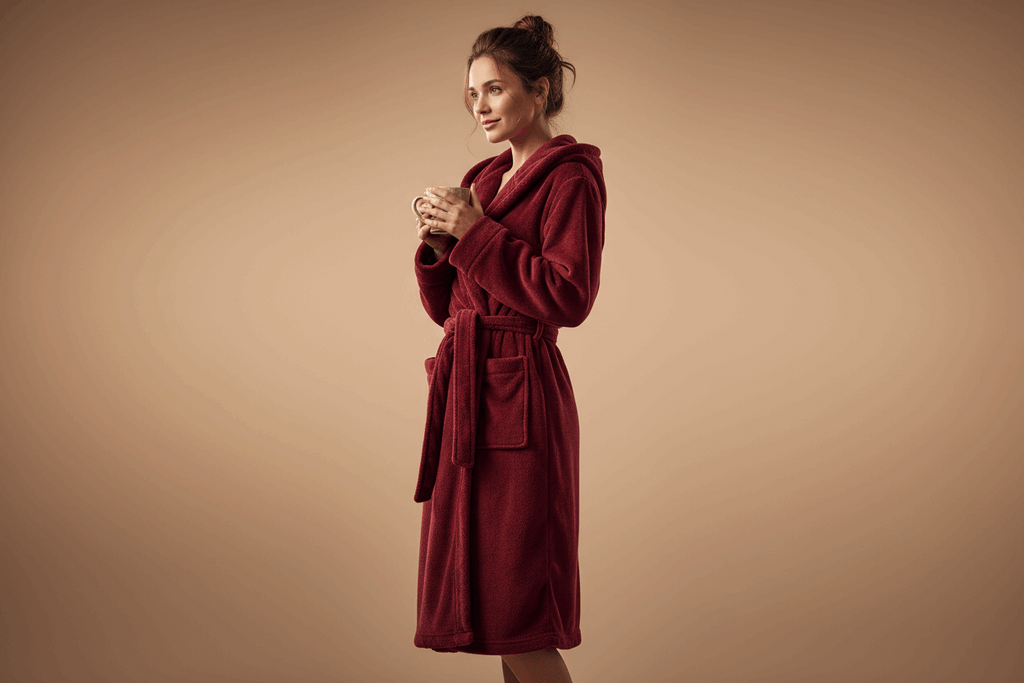 Three-quarter view of burgundy bathrobe in warm studio setting