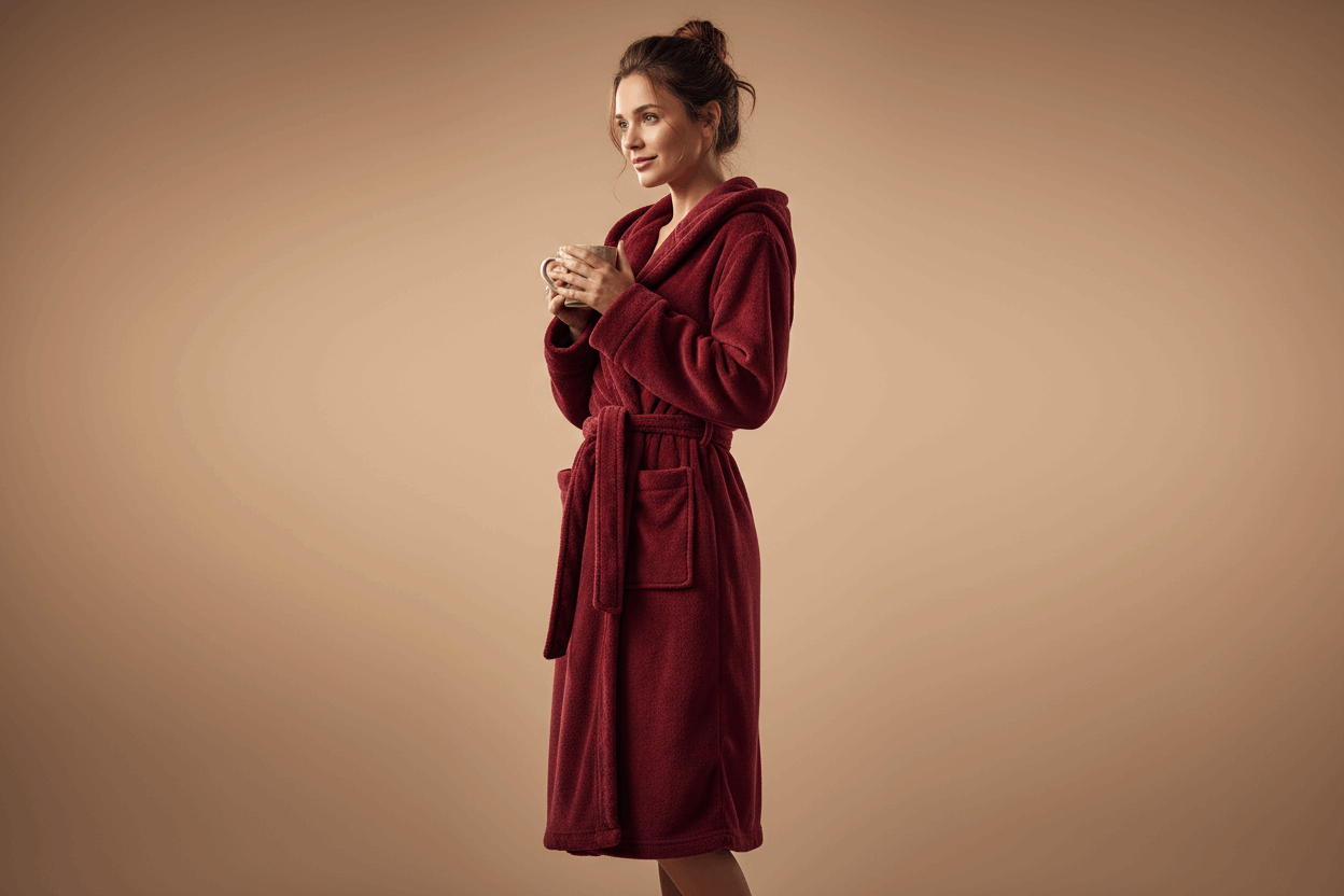 Three-quarter view of burgundy bathrobe in warm studio setting