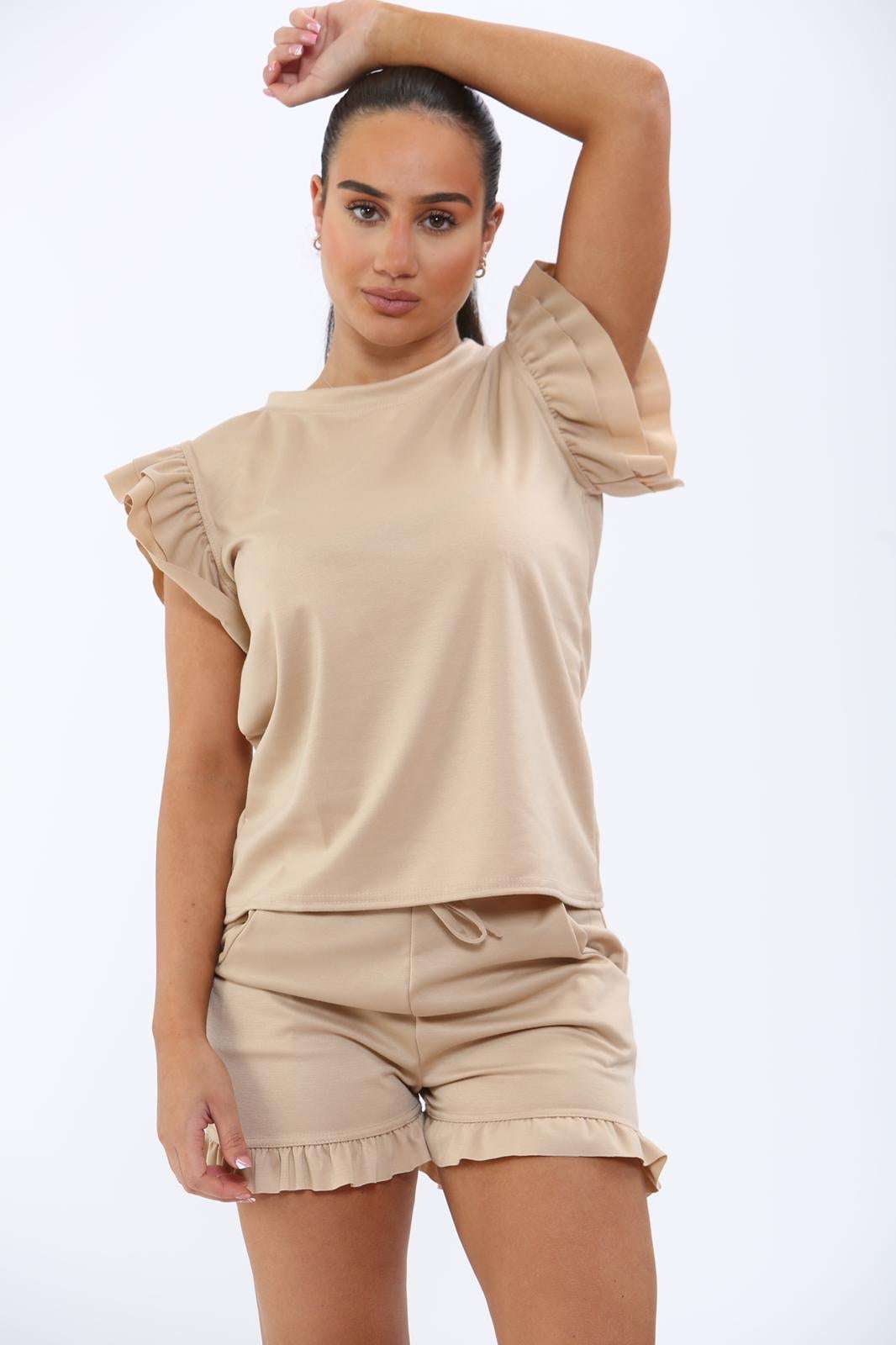 Ladies Frill Peplum Sleeve Top & Short 2-Piece Tracksuit Set