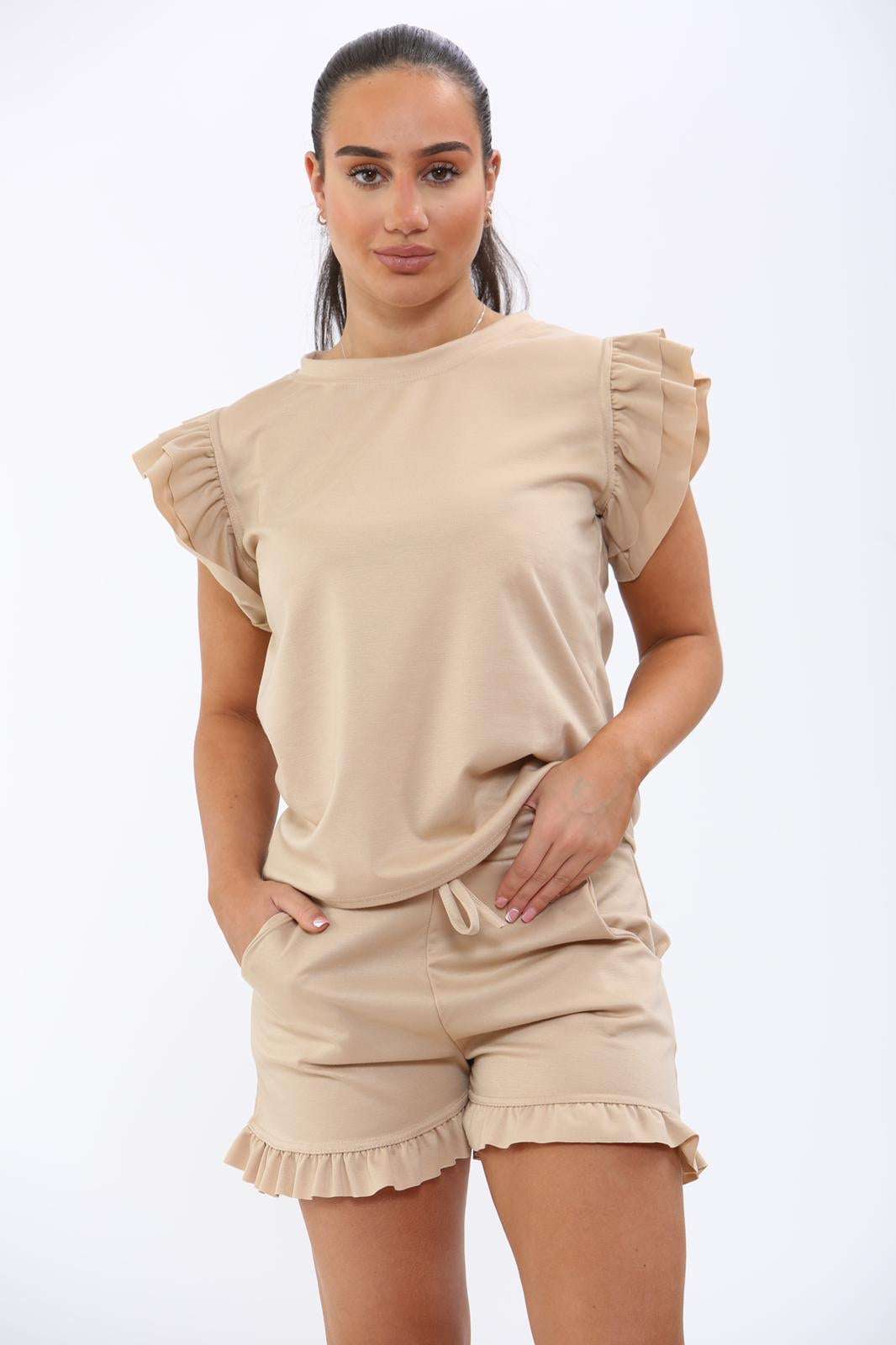 Ladies Frill Peplum Sleeve Top & Short 2-Piece Tracksuit Set