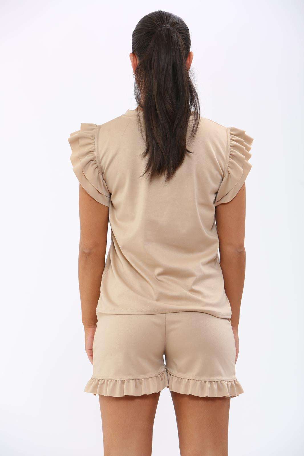 Ladies Frill Peplum Sleeve Top & Short 2-Piece Tracksuit Set